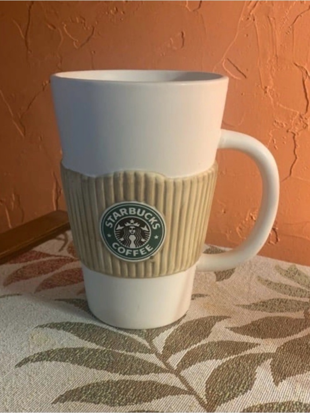 Ceramic Starbucks White Mug with Tan Ribbed Sleeve and Green Logo Rare